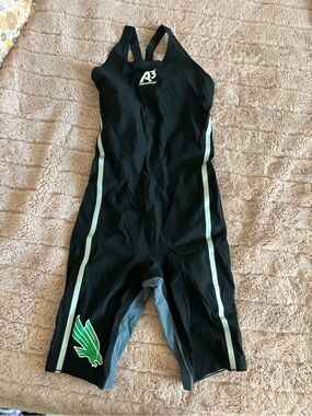 A3 Design Black closed back Vici Racing Swimsuit with Green Accent